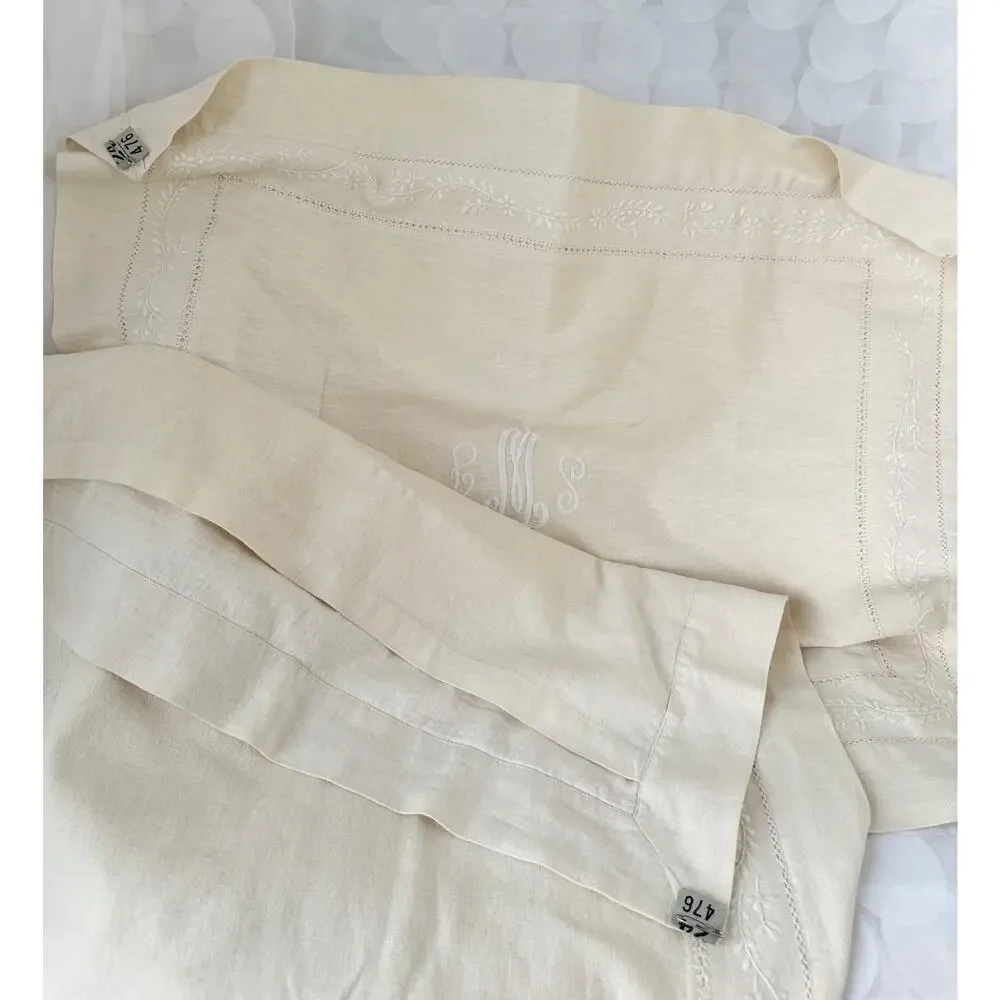 Vintage Pottery Barn Linen Cotton Pillow Shams Ecru Beige embroidered monogram